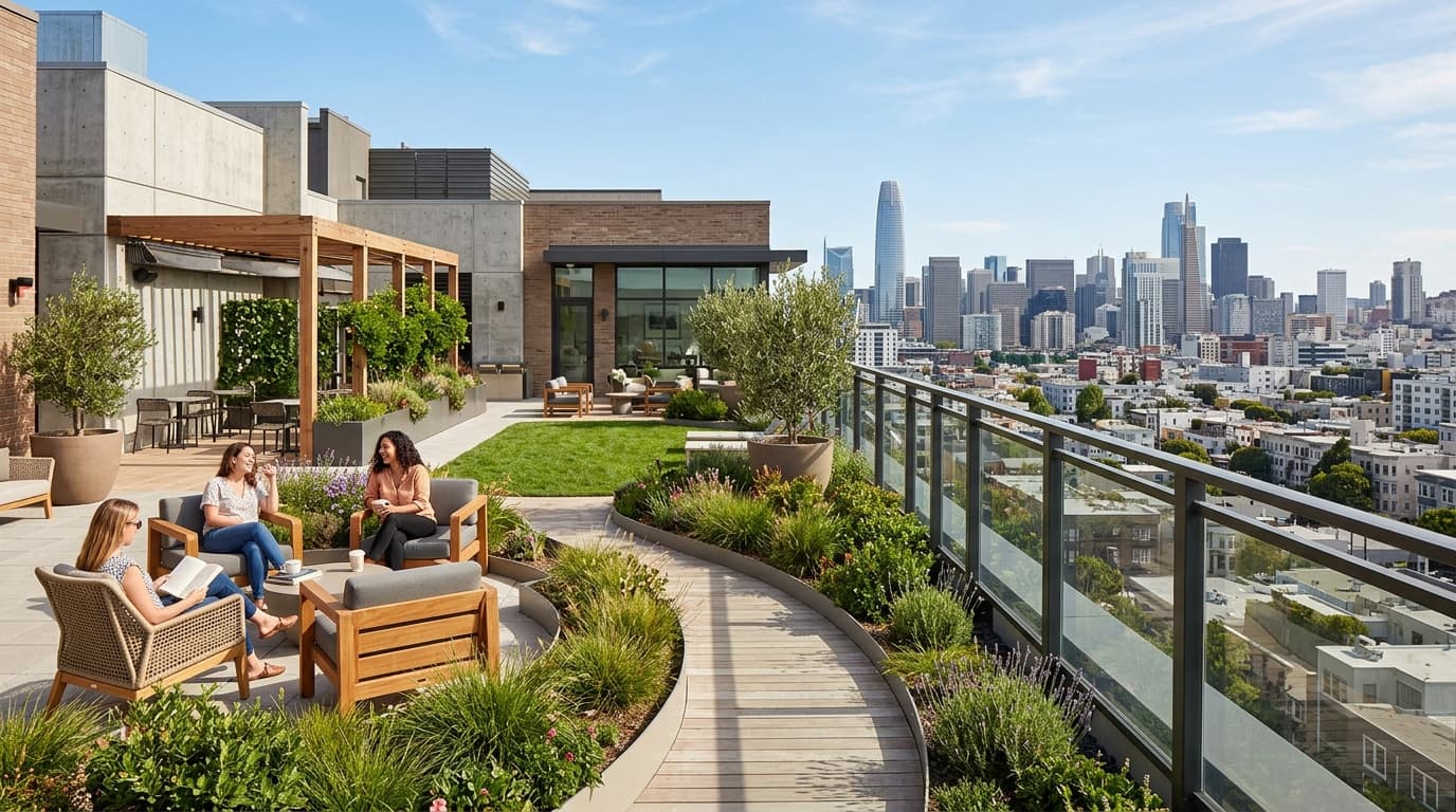 Terrazas panorámicas y áreas comunitarias modernas en proyectos en verde y blanco